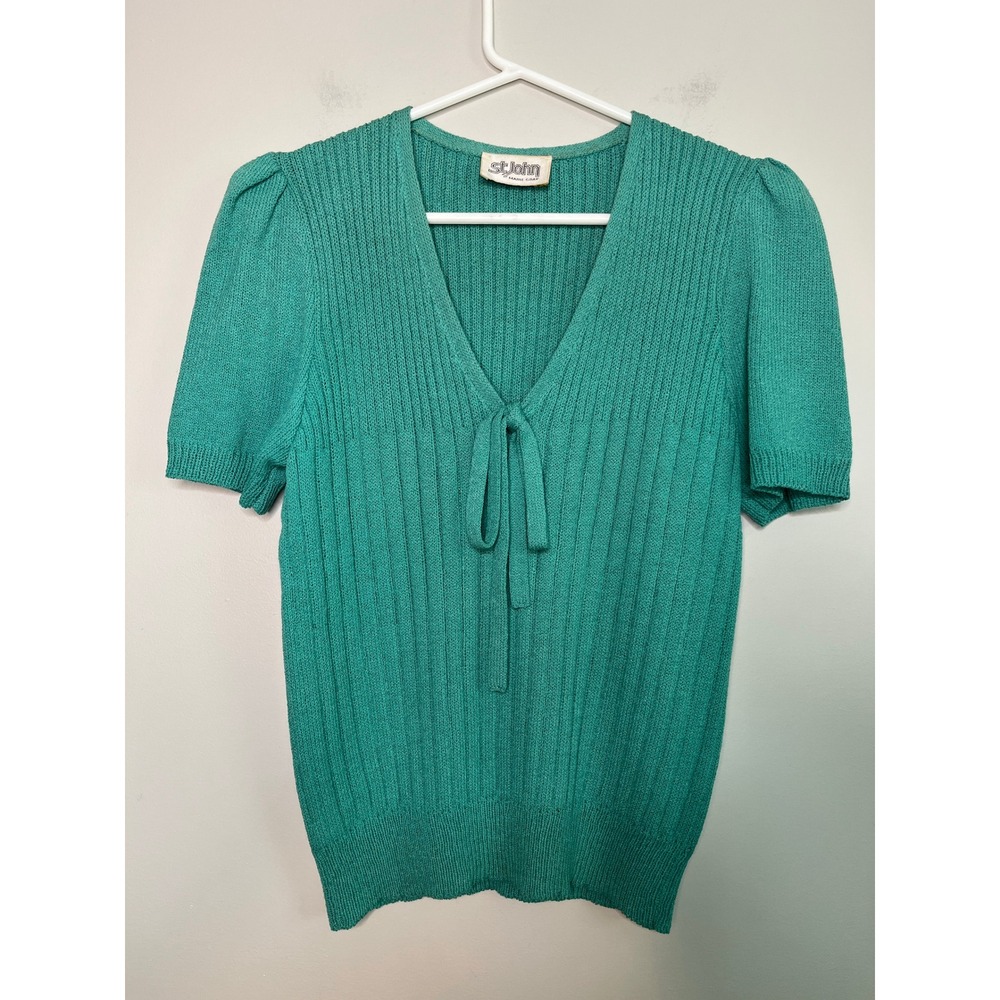 1970s St John Marie Gray Teal Green Cottage Coquette Romantic Twee Bow Sweater M